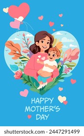 Happy Mothers Day greeting card with mother with little baby son. Vector flat illustration