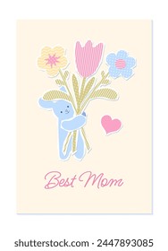 Happy Mother's day greeting card in childish applique style with paper cute bunny holding flowers.