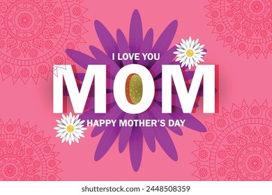 Happy mother's day greeting card with mom text design and beautiful blossom flower