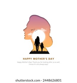 Happy Mother's day greeting card. Paper cut with mother and child in sunset, holiday background. Vector illustration.
