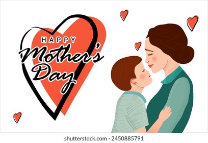 Happy Mother's Day Greeting Card with Mother wanting to kiss her Baby Boy with white background 