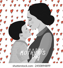 Happy Mother's Day Greeting Card With Mother wanting to kiss her Baby Boy with love pattern background