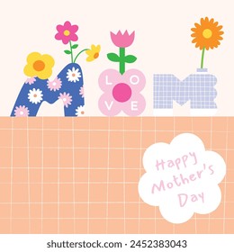 Happy Mother's Day greeting card with alphabet shape flower vases illustration, Mother's day creative design poster, love mom typography