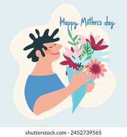 Happy Mothers Day greeting card design. Young man with a bouquet of flowers and hand-lettered greeting phrase. Isolated on dark background