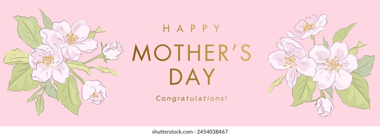 Happy Mothers Day Grußkarte, Bildschirmhintergrund, Plakat oder Web Banner Vorlage mit handgezeichneten blühenden Kirschbaumblumen. Vektorgrafik elegante Blumenillustrationen