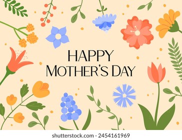 Happy Mothers Day greeting card. Floral design. Vector illustrations. Cute flowers and text Mother's Day. Abstract blossom background.