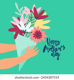 Happy Mothers Day greeting card design. Elegant floral bouquet and hand-lettered greeting phrase. Isolated on dark background