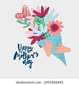 Happy Mothers Day greeting card design. Elegant floral bouquet and hand-lettered greeting phrase. Isolated on dark background