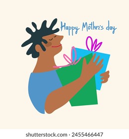 Happy Mothers Day greeting card design. Young man with a bouquet of flowers and hand-lettered greeting phrase. Isolated on dark background