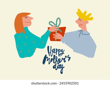 Happy Mothers Day greeting card design. Young man with a gift and hand-lettered greeting phrase. Isolated on dark background
