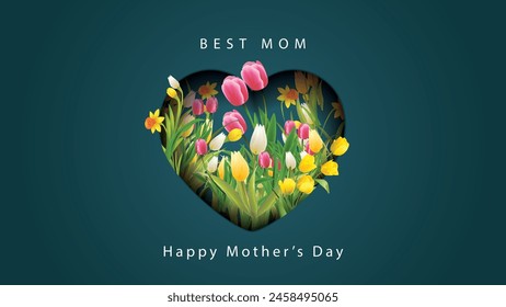 Happy Mother's day greeting card. Bunch of blooming flowers, tulips in Heart, holiday background. Vector illustration.
