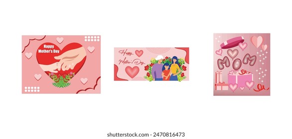Happy Mother's Day greeting card. Three generations together celebrating happy mother's day by holding hands. Happy mother's day background with gift boxes. Set flat vector modern illustrations