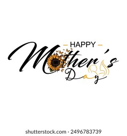 Happy Mother's Day greeting card. Modern vector illustration of MOTHER'S DAY. Woman holding her baby. Sunflowers and butterflies symbolizing happiness.