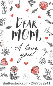 Happy Mother's Day Greeting Card with beautiful flowers and hearts. Vector illustration