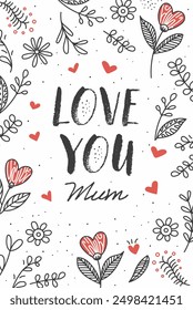 Happy Mother's Day Greeting Card with beautiful flowers and hearts. Vector illustration