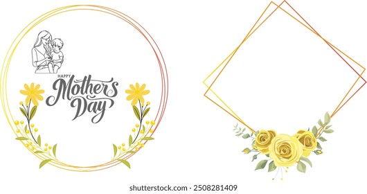 Happy Mother's Day Greeting Card two Frame Decorate . flower Shapes on white Background.