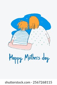 Happy Mothers Day greeting card design. Young man and mother and hand-lettered greeting phrase