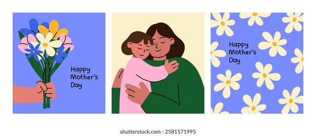 Happy Mother's Day greeting card set - Cute minimalist flat illustrations. Ideal for digital and printable Mother's Day cards, social media, or gift tags.