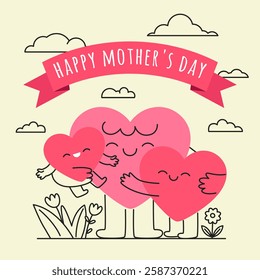 Happy Mother's Day greeting card. Cute cartoon heart characters mom together children. Hand-drawn doodle style holiday postcard. Love, appreciation, motherhood, family bonding illustration. Vector