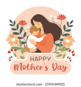 Happy Mothers Day greeting card with embracing child and mom surrounded by flowers. Cartoon background with cute characters hugging, handwritten lettering and floral composition. Vector illustration.