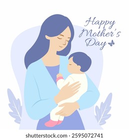 Happy Mothers Day. Mother's day greeting card. Vector banner with mother holding baby in pastel colors. Soft illustration with leaves and abstract background. Elegant typography on white background.
