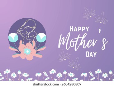 Happy mother's day greeting card template vector design illustration. Purple gradient background with flowers for mom celebration card.