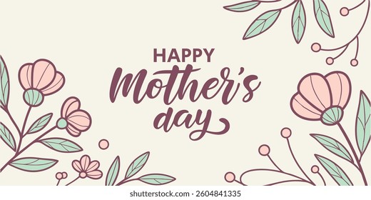 Happy Mother's Day greeting card with tropical flowers and lush green leaves, vibrant floral holiday design, exotic botanical illustration
