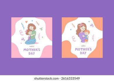 Happy Mothers Day Greeting Card Set. Cute Holiday Square Posters with Mom Embracing Child. Hand drawn Flat vector illustration. Social Media Post template