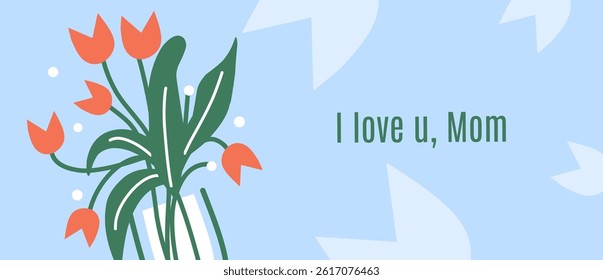Happy Mother's day greeting card with beautiful blossom, simple flowers bouquet on blue background. Creative spring card template with typography text. Happy Women's Day illustration.
