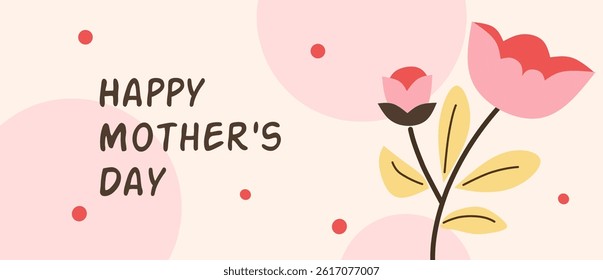 Happy Mother's day greeting card with beautiful blossom flowers, tulips on pink background. Creative spring card template with typography text. Happy Women's Day vector illustration.
