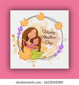 Happy Mother's Day Greeting Card with Cartoon Mother and Daughter Hugs Illustration.