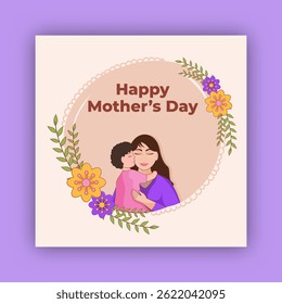 Happy Mother's Day Greeting Card with Cartoon Mother and Daughter Hugs Illustration.