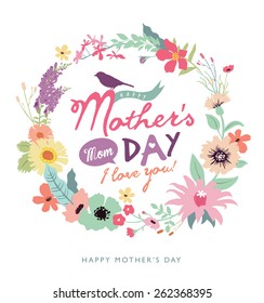 Happy Mother's Day. Greeting card with beautiful floral wreath.