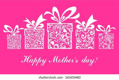 Happy Mother's Day!  Greeting card. Celebration pink background with gift boxes and place for your text. Vector Illustration 