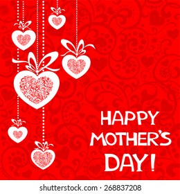 Happy Mother's Day! Greeting card. Celebration red  background with heart and place for your text. Vector Illustration 