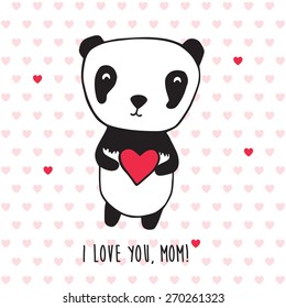 Happy Mother's Day. Greeting card for Mother's Day, Valentine's Day, birthday with panda and hearts. Hand drawn panda for your design. Doodles, sketch. Vector illustration