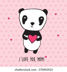 Happy Mother's Day. Greeting card for Mother's Day, Valentine's Day, birthday with panda and hearts. Hand drawn panda for your design. Doodles, sketch. Vector illustration