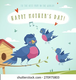 Happy Mother's Day greeting card with cartoon characters. Vector illustration.