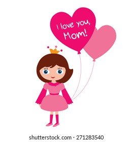 Happy Mother's Day. Greeting card for Mother's Day. Little girl with balloon congratulates Mom. Elements for your design. Vector illustration.