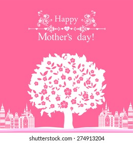 Happy Mother's Day! Greeting card. Celebration pink background with Landscape and place for your text. Vector Illustration