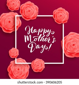 Happy Mother's Day Greeting Card. Rose Flowers and Frame on Purple Background