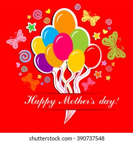 Happy Mother's Day! Greeting card. Celebration red background with butterfly, balloon and place for your text. Vector illustration