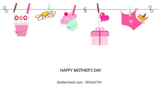 Happy Mother's Day greeting card. Watering flower fairy and balloon vector background