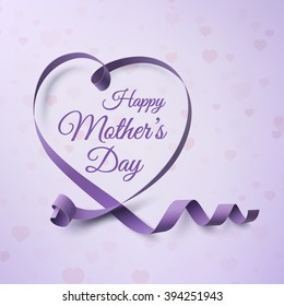 Happy Mothers Day greeting card template. Mothers Day background with purple ribbon and hearts. Mothers Day invitation poster or brochure. Vector illustration.