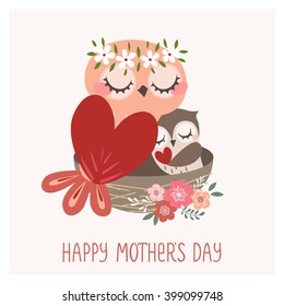 Happy mother's day greeting card with cute owls