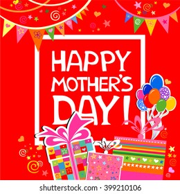 Happy Mother's Day! Greeting card. Celebration red background with gift box, balloon and place for your text. Vector illustration