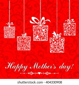 Happy Mother's Day! Greeting card. Celebration red background with gift boxes and place for your text. Vector Illustration 