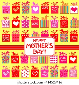 Happy Mother's Day! Greeting card. Celebration yellow background with gift boxes and place for your text. Vector Illustration 