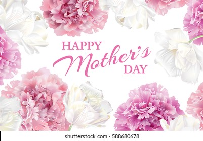 Happy Mothers Day greeting card with blooming pink peony and white tulip flowers on white background. Spring flower horizontal banner. Can be used as spring background