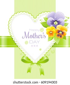 Happy Mothers day greeting card design. Violet Pansies on green background. Elegant spring flowers vector illustration